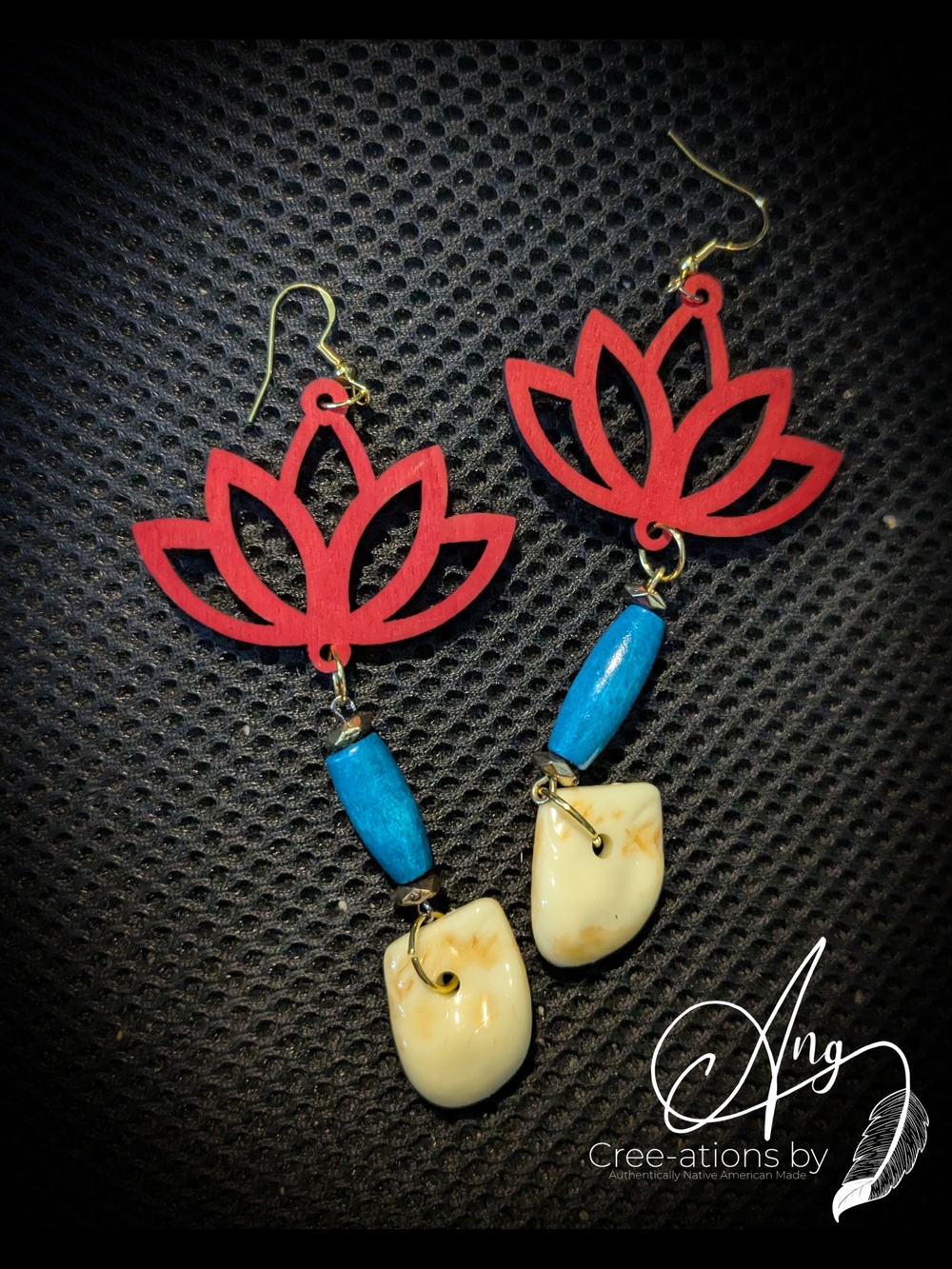 Handcrafted Red Lotus Dangle Earrings with Turquoise Beads and Elk Teeth